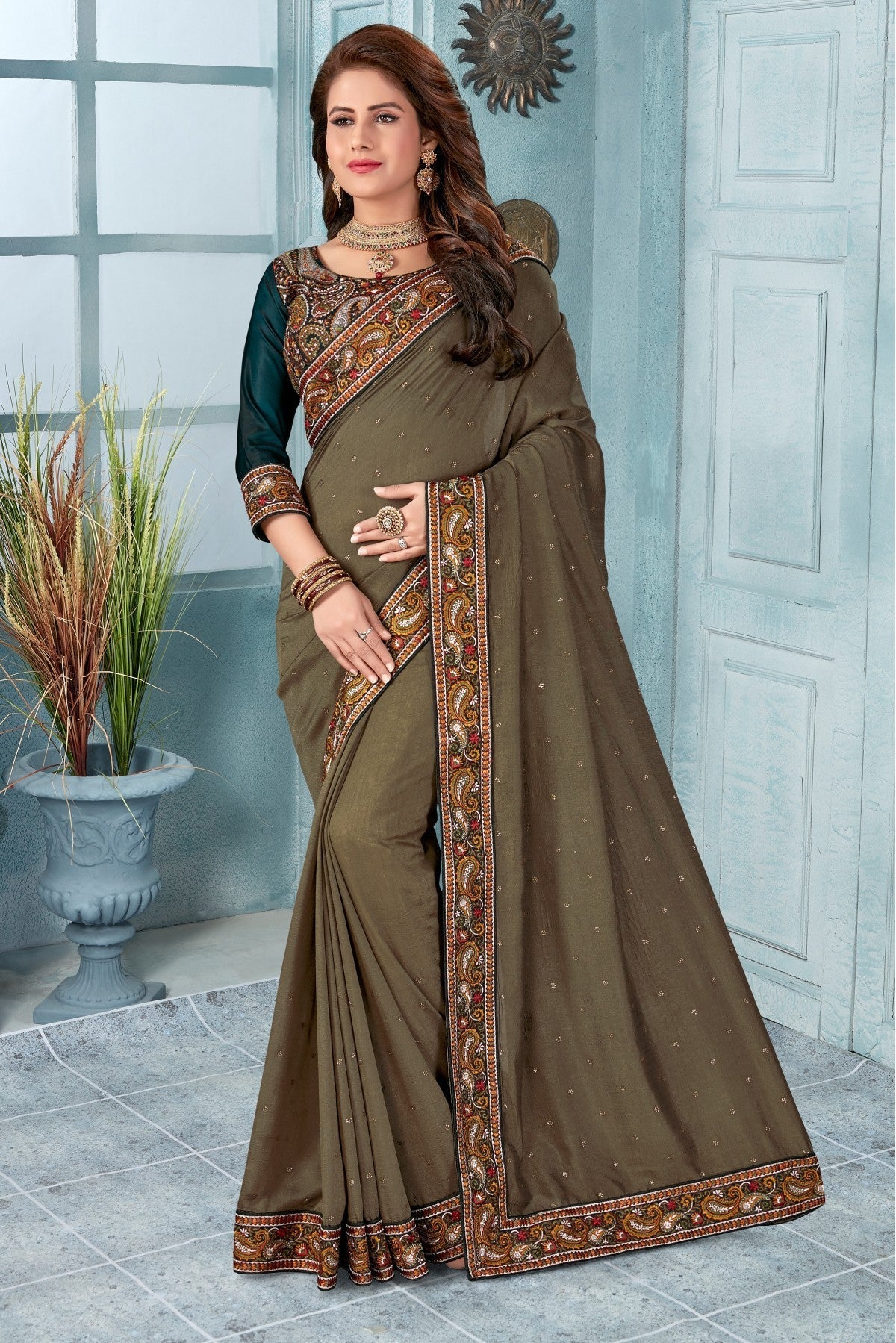 Green Colour Vichitra Silk Embroidery Saree