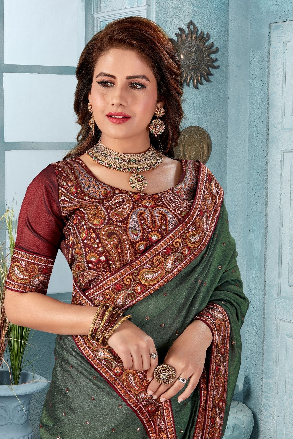 Green Colour Vichitra Silk Embroidery Saree