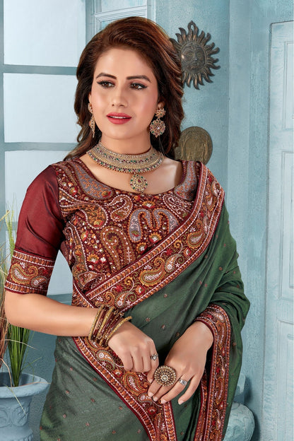 Green Colour Vichitra Silk Embroidery Saree