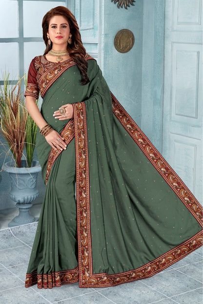 Green Colour Vichitra Silk Embroidery Saree