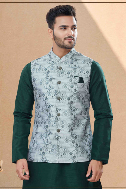 Green and Grey Colour Kurta Pajama With Jacket In Silk Dupion Fabric