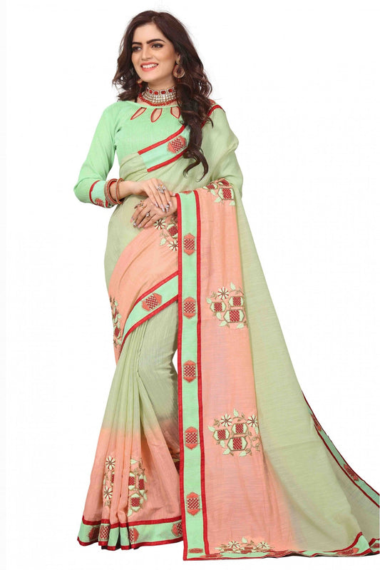 Green and Peach Colour Art Silk Embroidery Saree