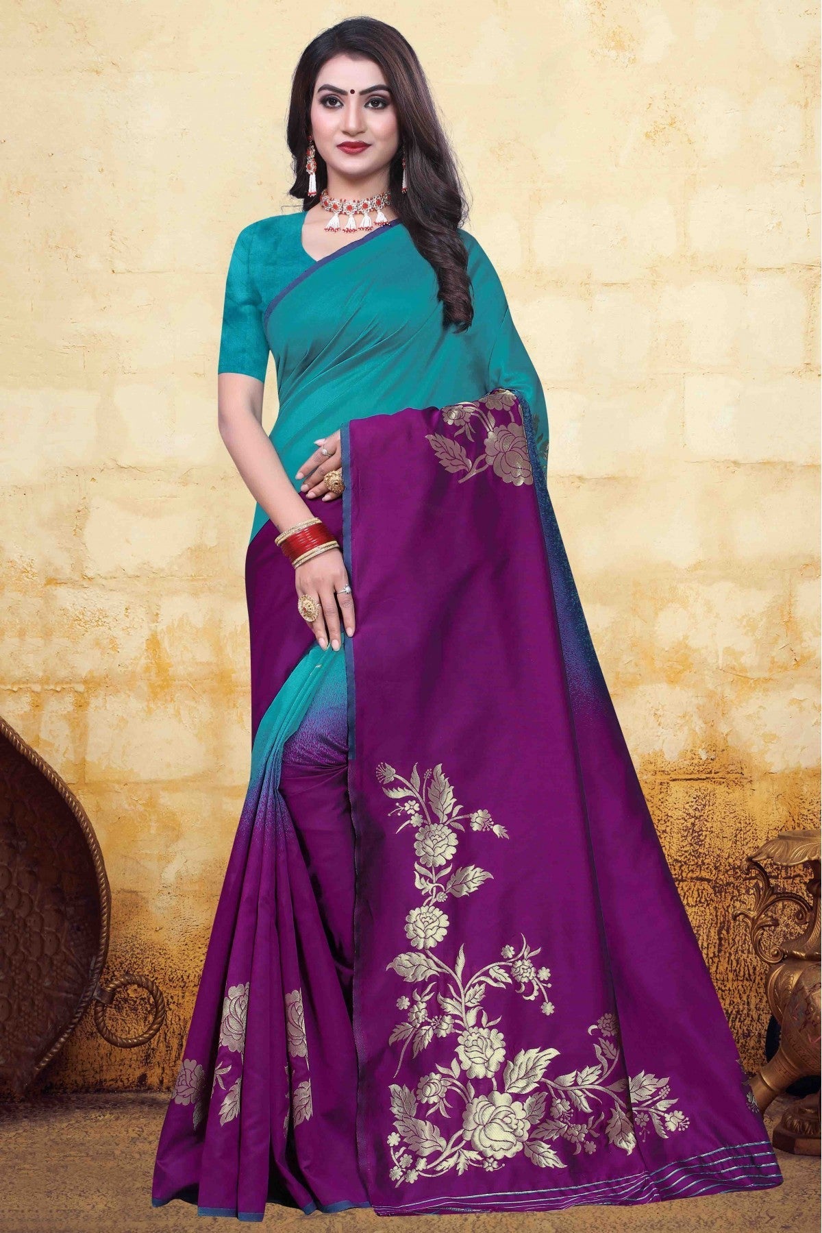 Green and Purple Colour Banarasi Art Silk Traditional Saree