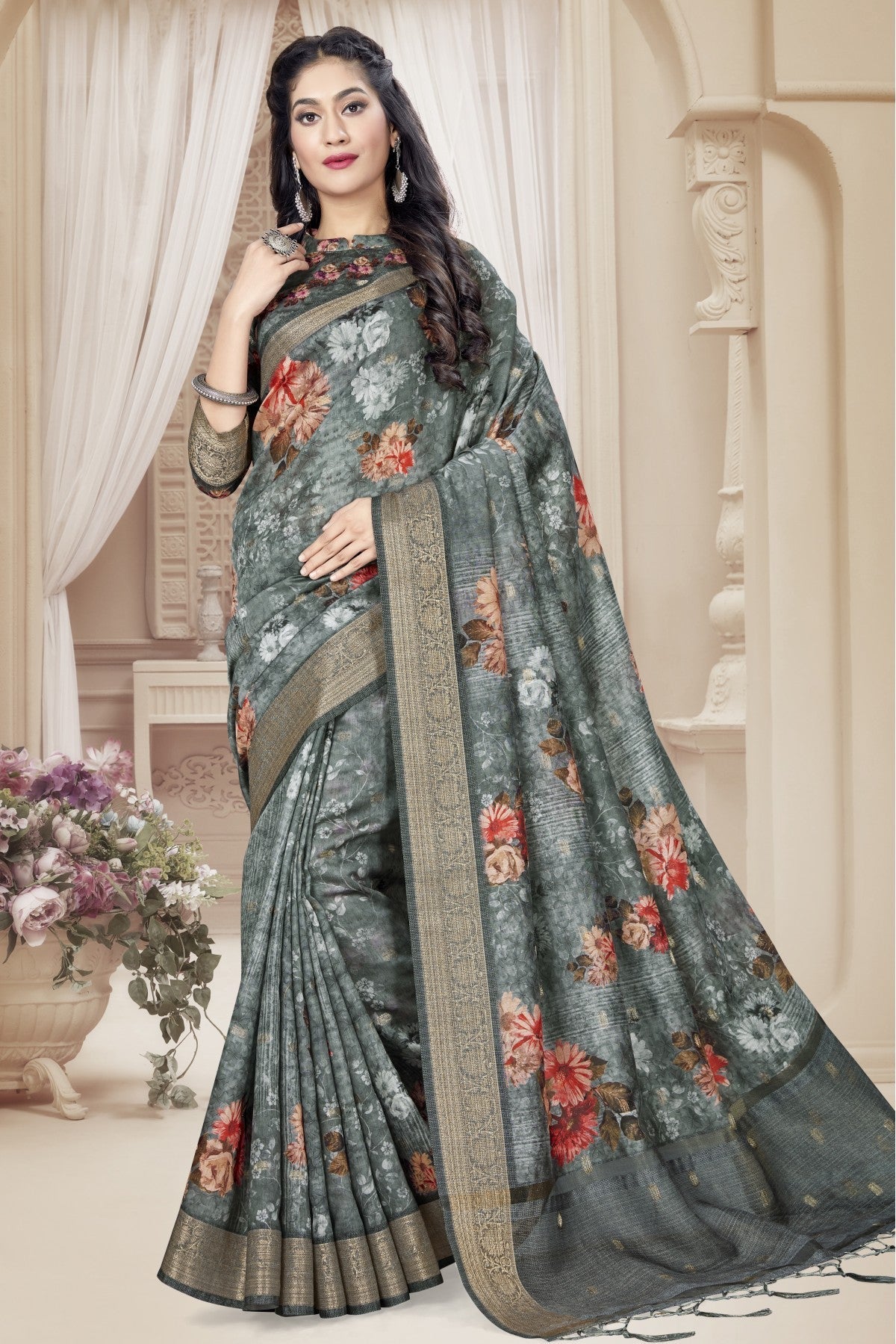 Grey Colour Art Silk Digital Print Saree