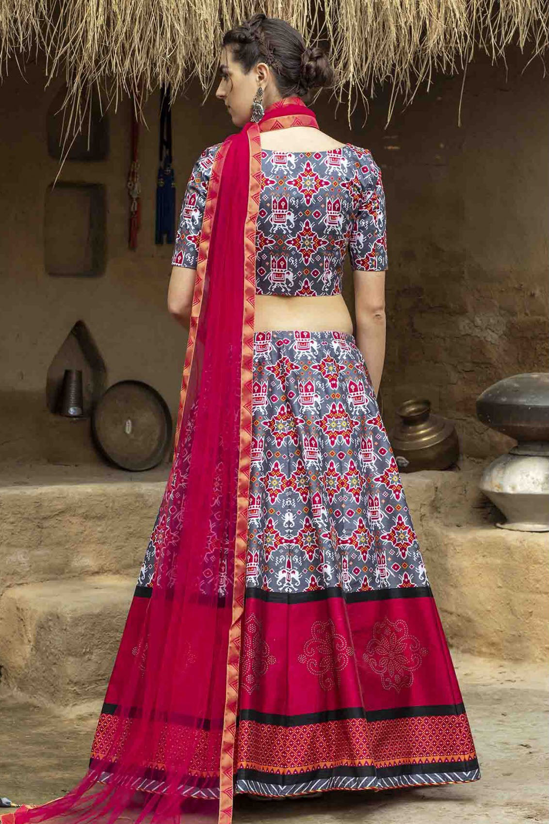 Grey Colour Art Silk Printed Lehenga Choli