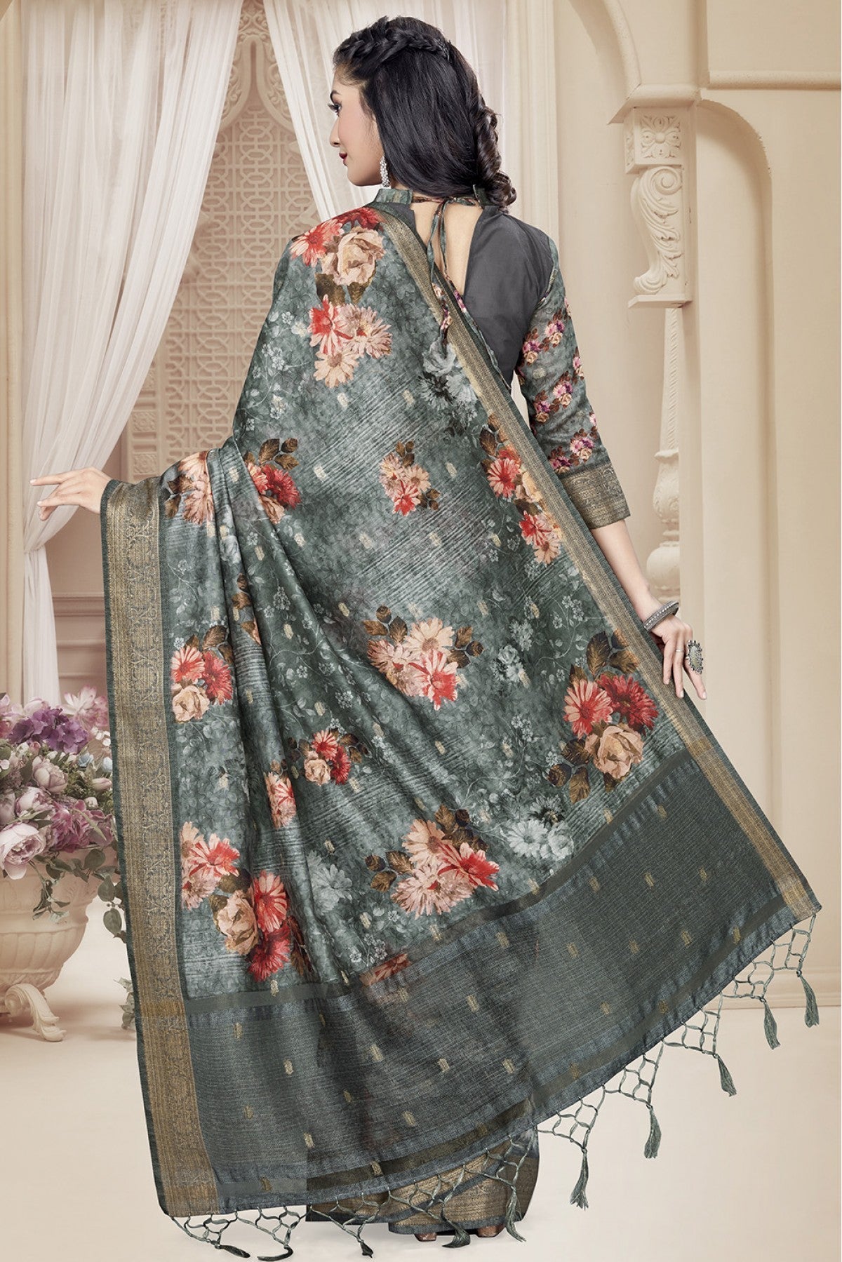 Grey Colour Art Silk Printed Saree