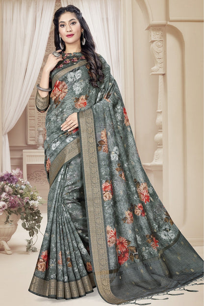 Grey Colour Art Silk Printed Saree