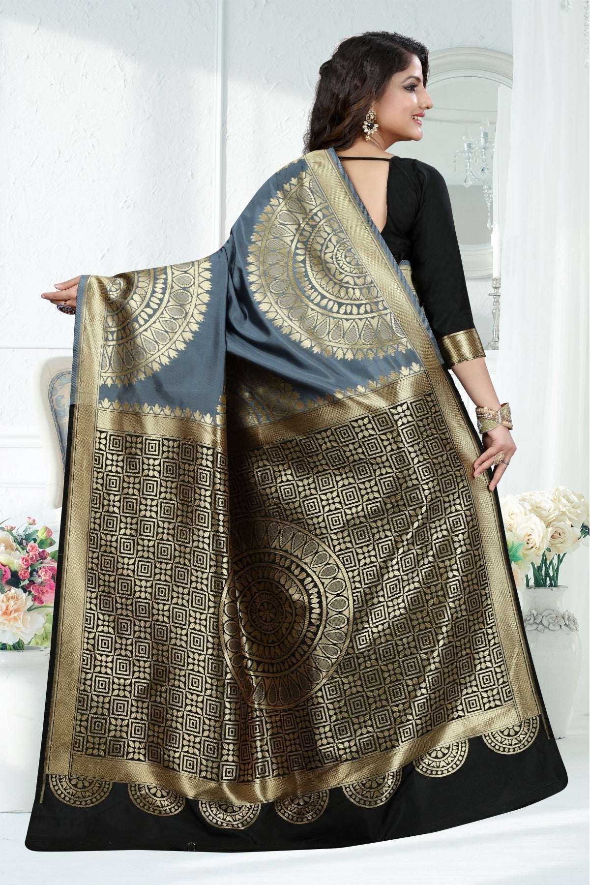 Grey Colour Banarasi Art Silk Woven Saree