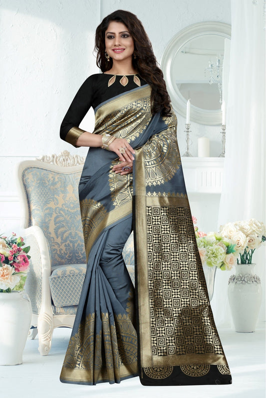 Grey Colour Banarasi Art Silk Woven Saree