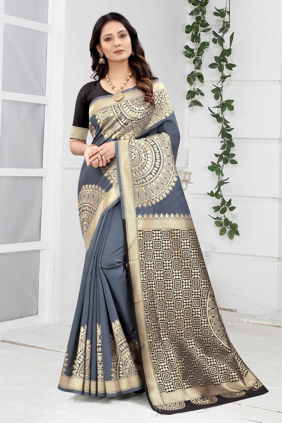 Grey Colour Banarasi Art Silk Woven Saree