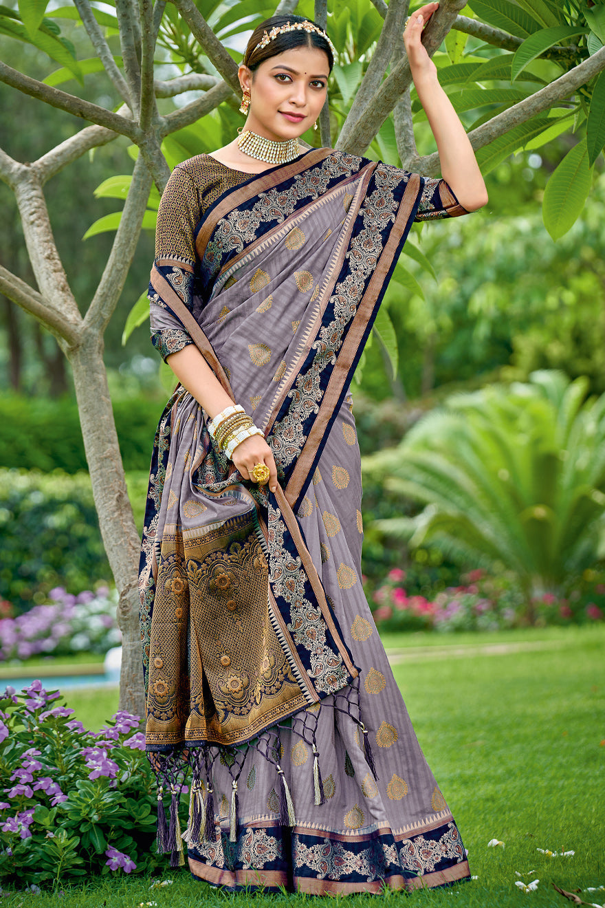 Grey Colour Banarasi Silk Traditional Saree In Woven Work