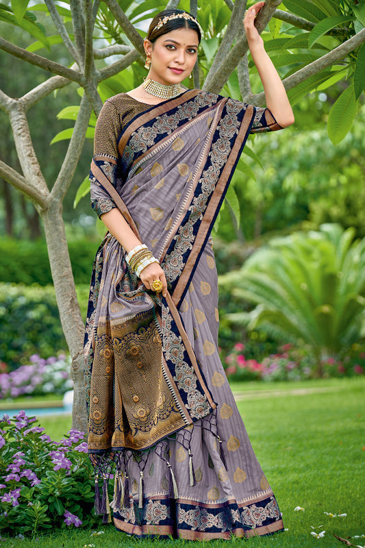 Grey Colour Banarasi Silk Traditional Saree In Woven Work