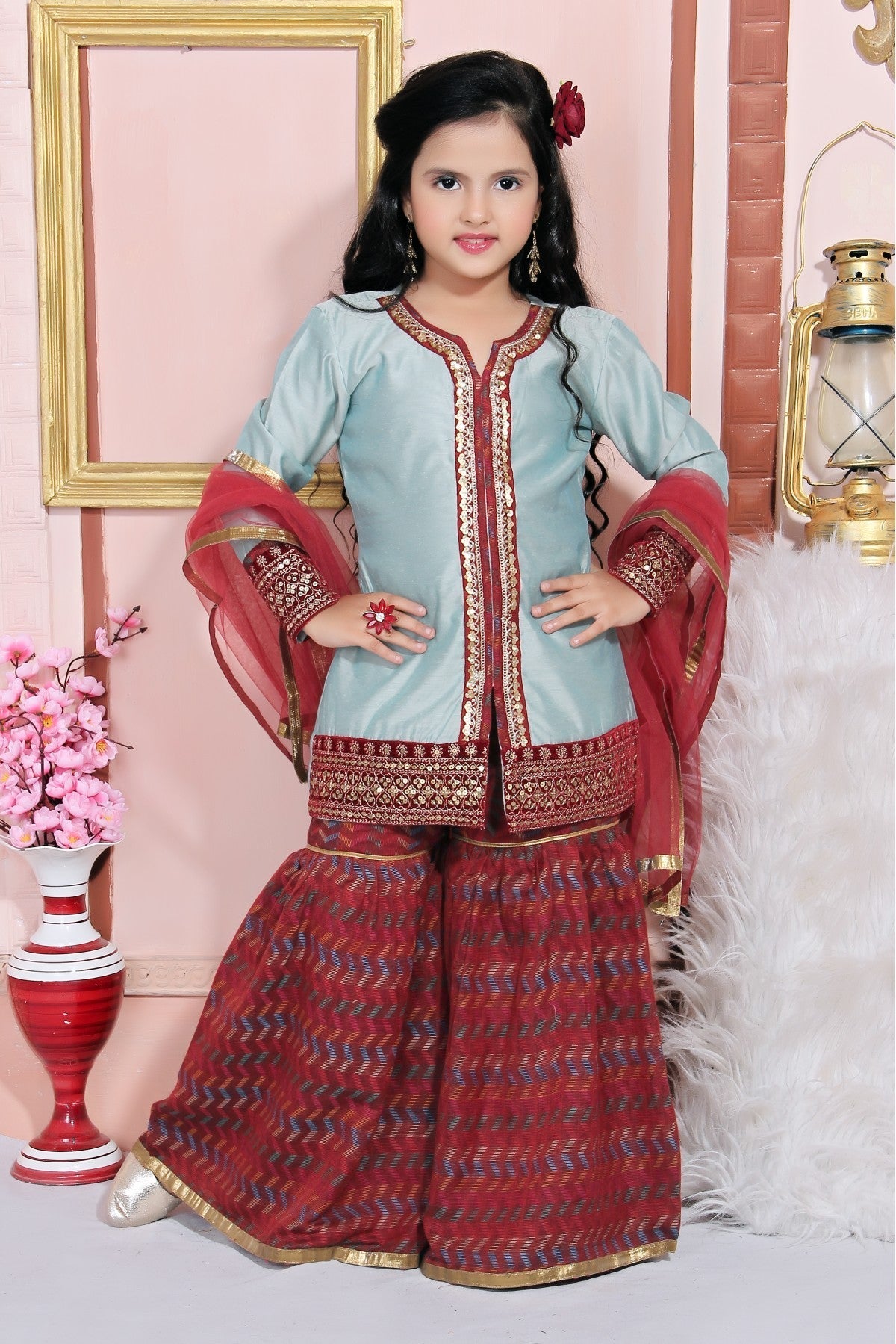 Grey Colour Chanderi Silk Embroidery Sharara Suit VSGW1070035