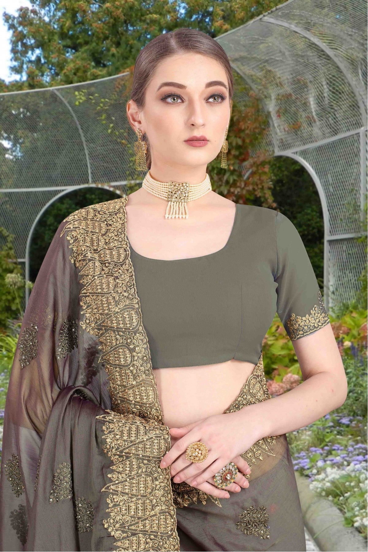 Grey Colour Chiffon Designer Saree