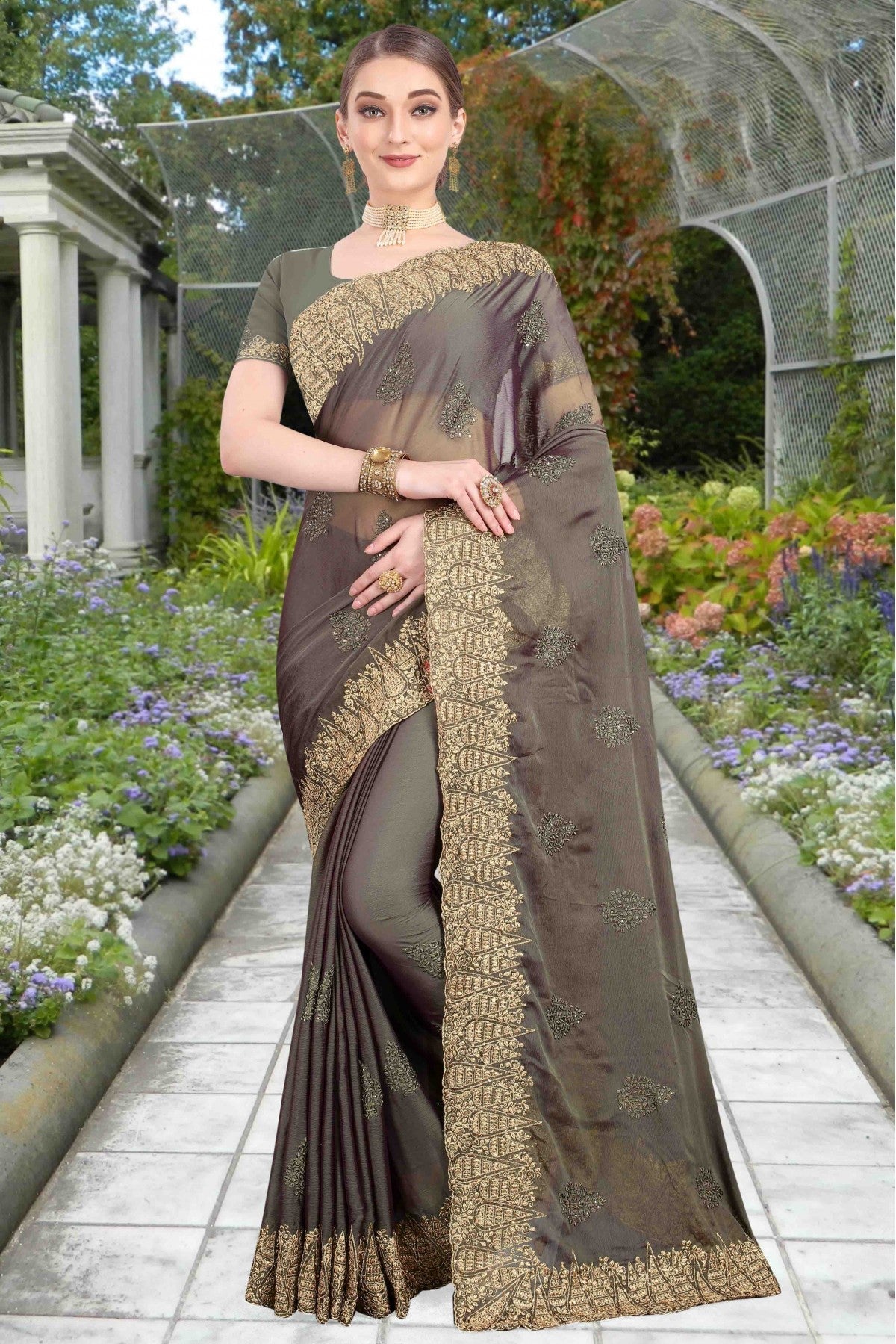 Grey Colour Chiffon Designer Saree