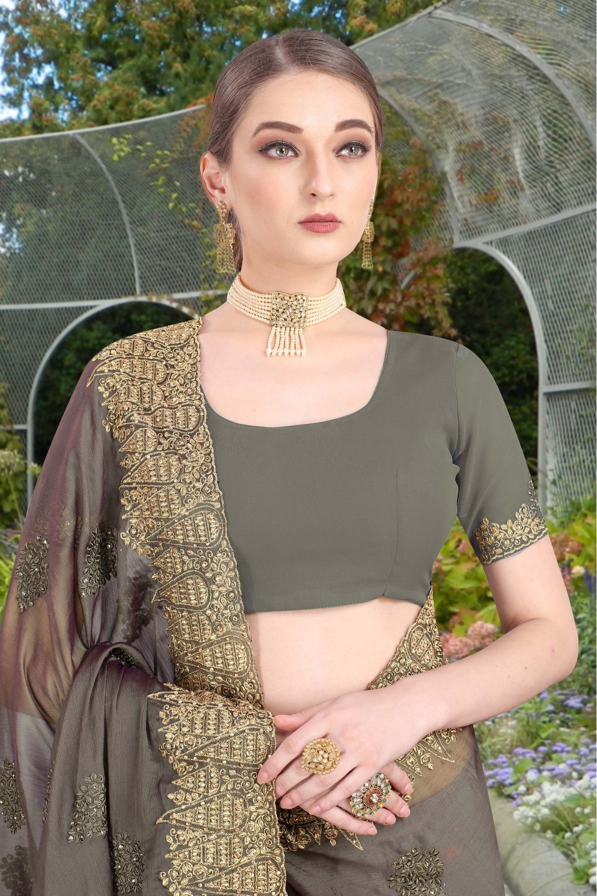 Grey Colour Chiffon Embroidery Saree