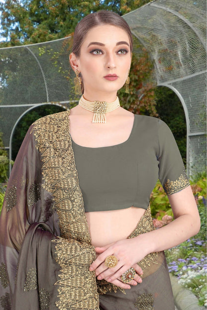 Grey Colour Chiffon Embroidery Saree