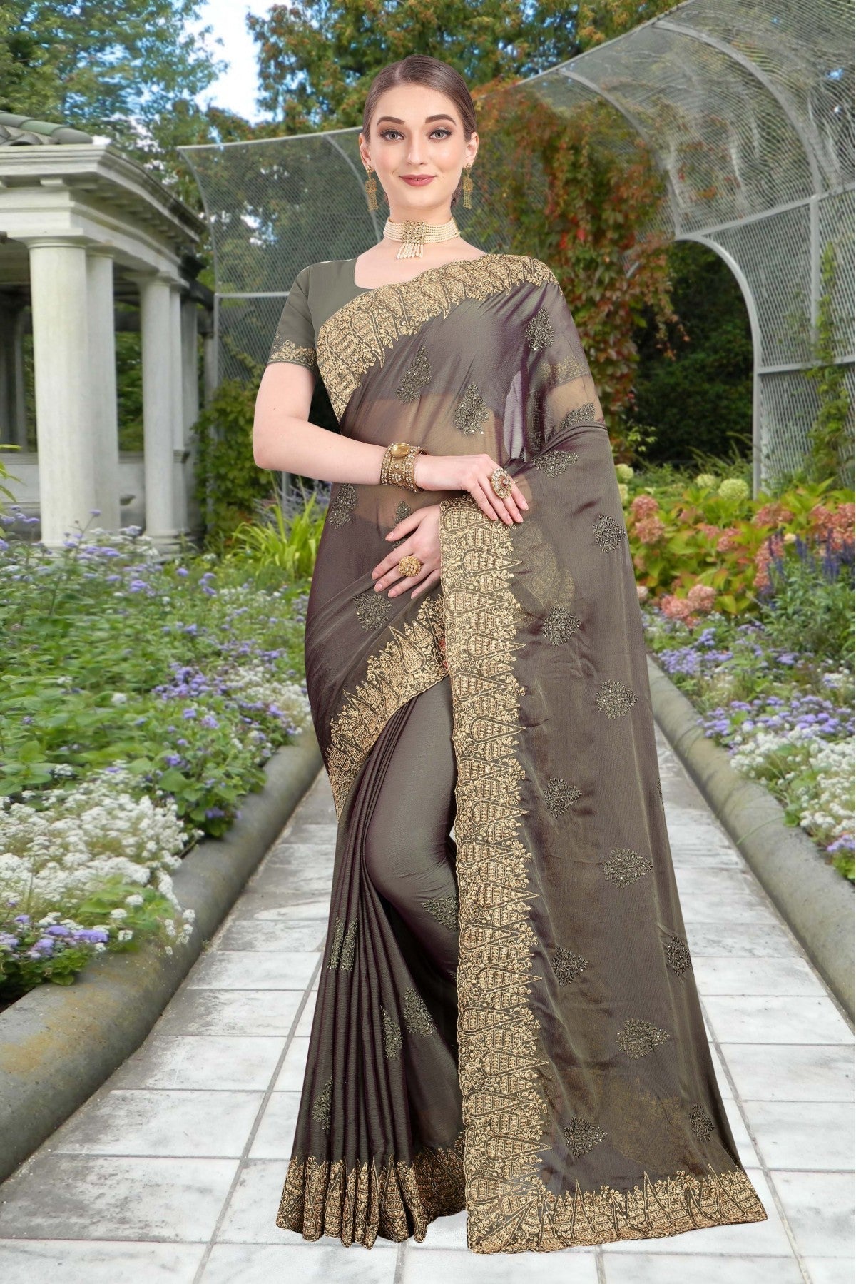 Grey Colour Chiffon Embroidery Saree