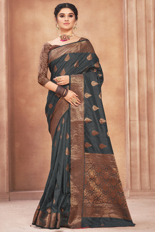 Grey Colour Cotton Silk Traditional Saree In Woven Work