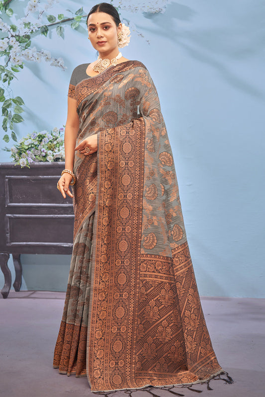 Grey Colour Cotton Traditional Saree In Woven Work