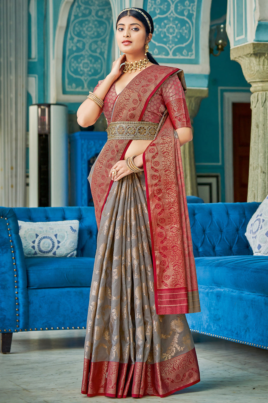 Grey Colour Cotton Traditional Saree In Woven Work