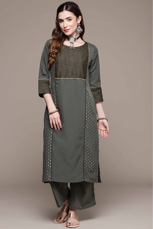 Grey Colour Crepe Printed Kurta With Pant