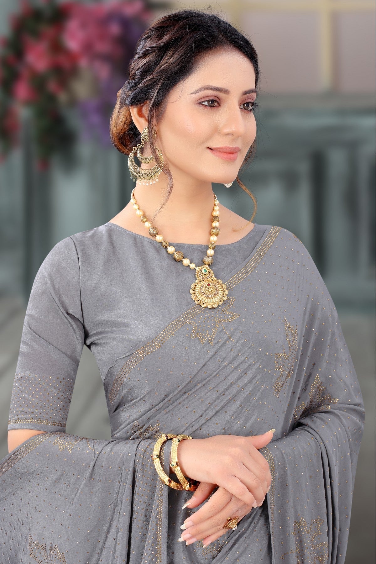 Grey Colour Crepe Swarovski Work Saree