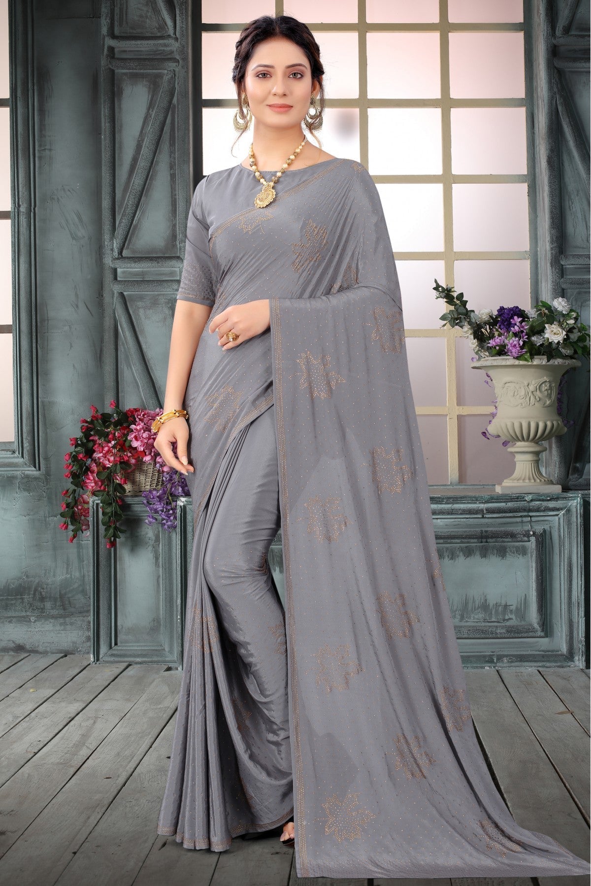 Grey Colour Crepe Swarovski Work Saree