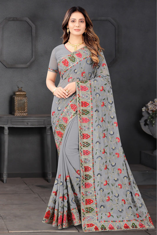 Grey Colour Georgette Embroidery Saree