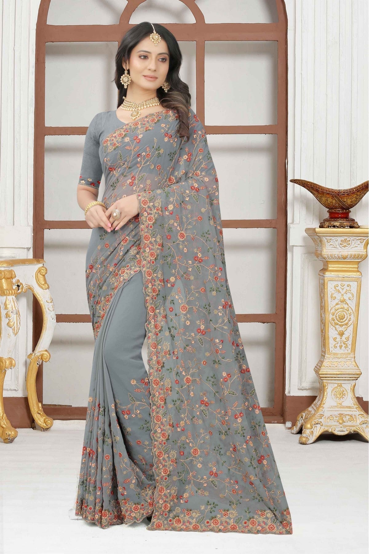 Grey Colour Georgette Embroidery Saree