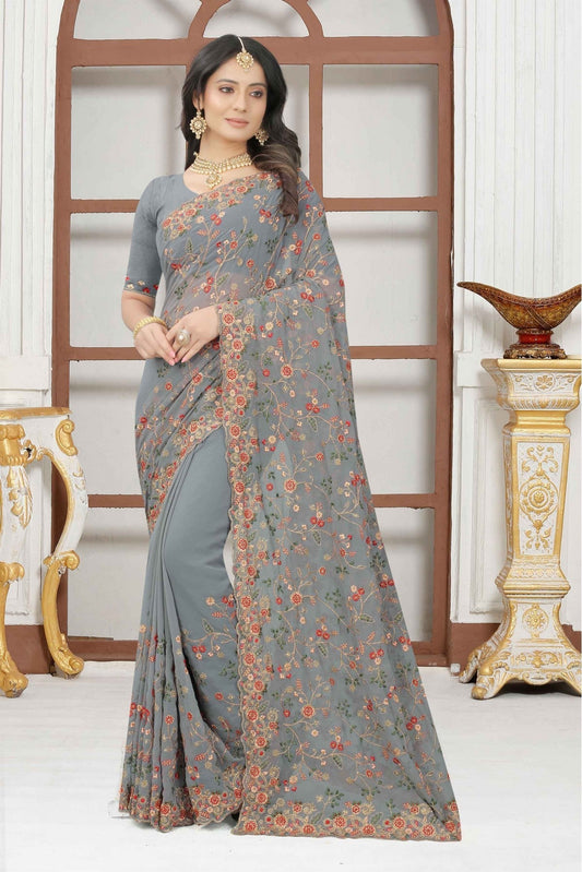 Grey Colour Georgette Embroidery Saree