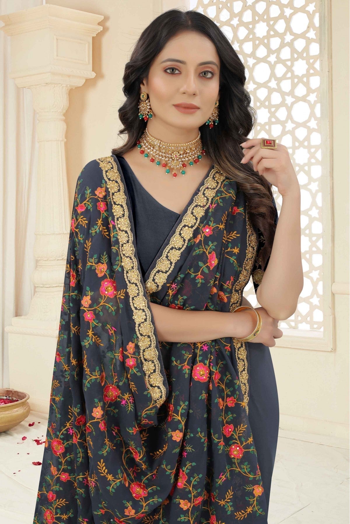 Grey Colour Georgette Embroidery Saree