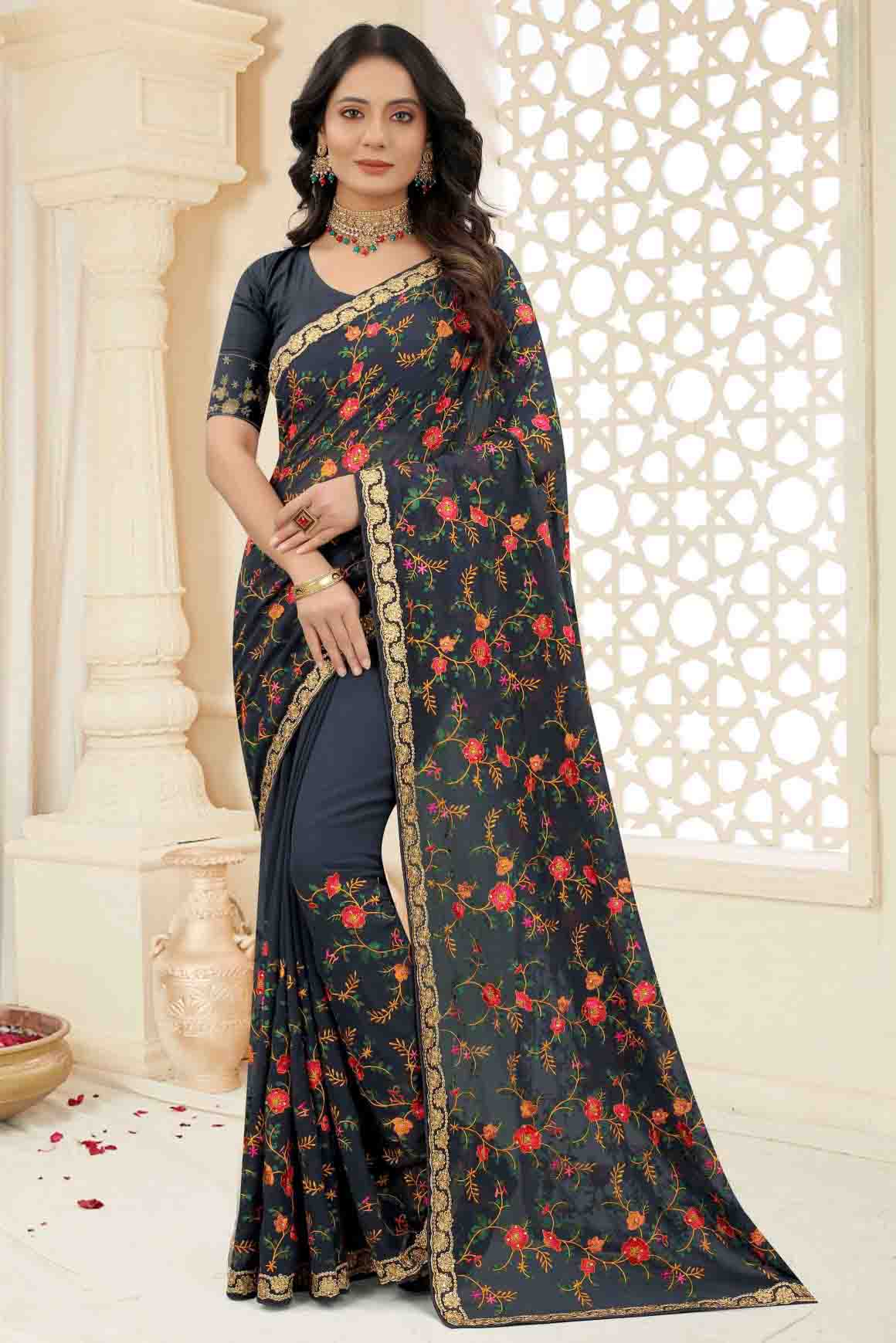 Grey Colour Georgette Embroidery Saree