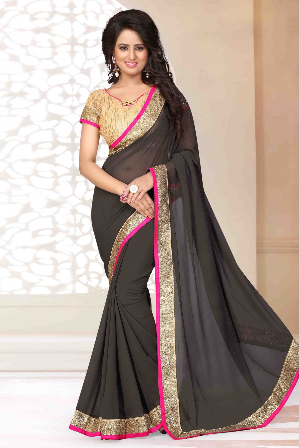 Grey Colour Georgette Lace Work Saree