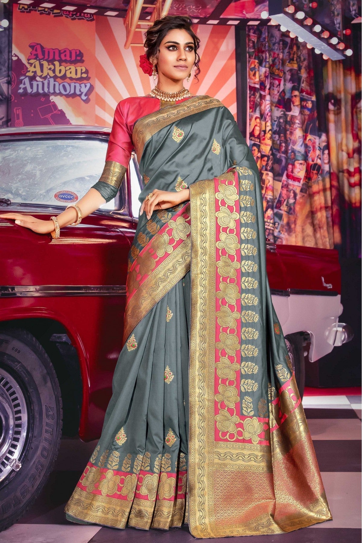 Grey Colour Jacquard Silk Traditional Saree