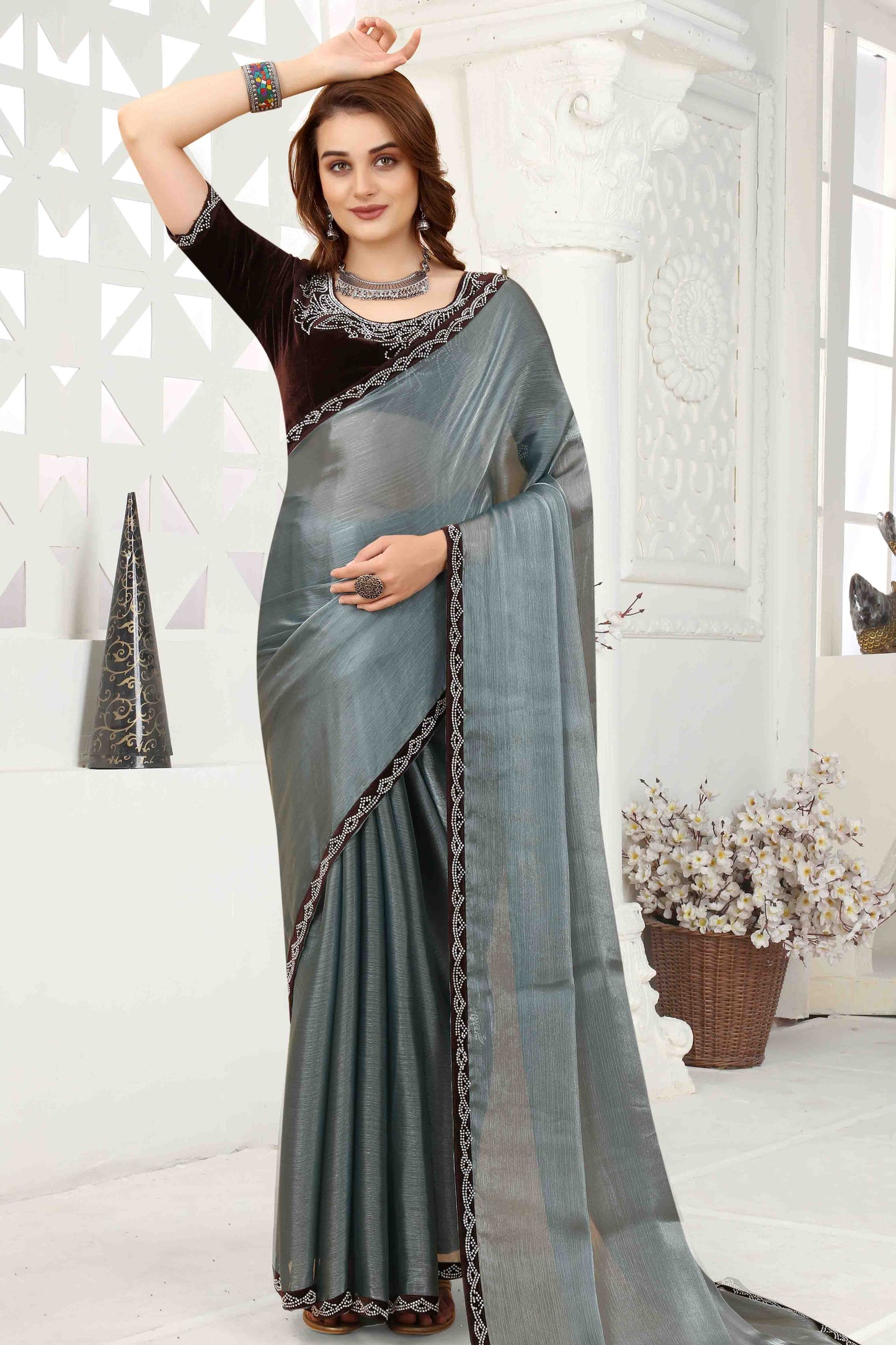 Grey Colour Jimmy Choo Crush Designer Saree