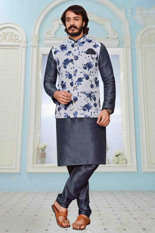 Grey Colour Kurta Pajama With Jacket In Art Silk