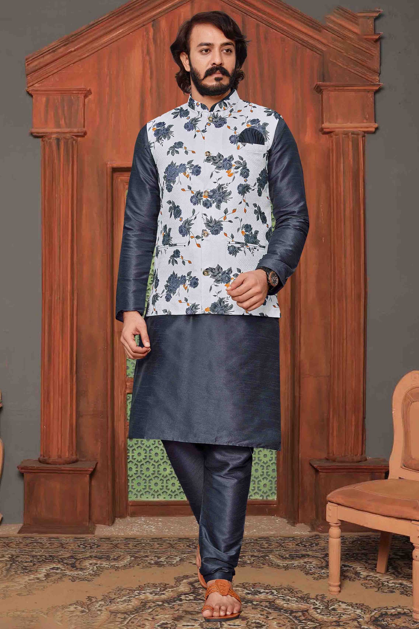 Grey Colour Kurta Pajama With Jacket In Art Silk