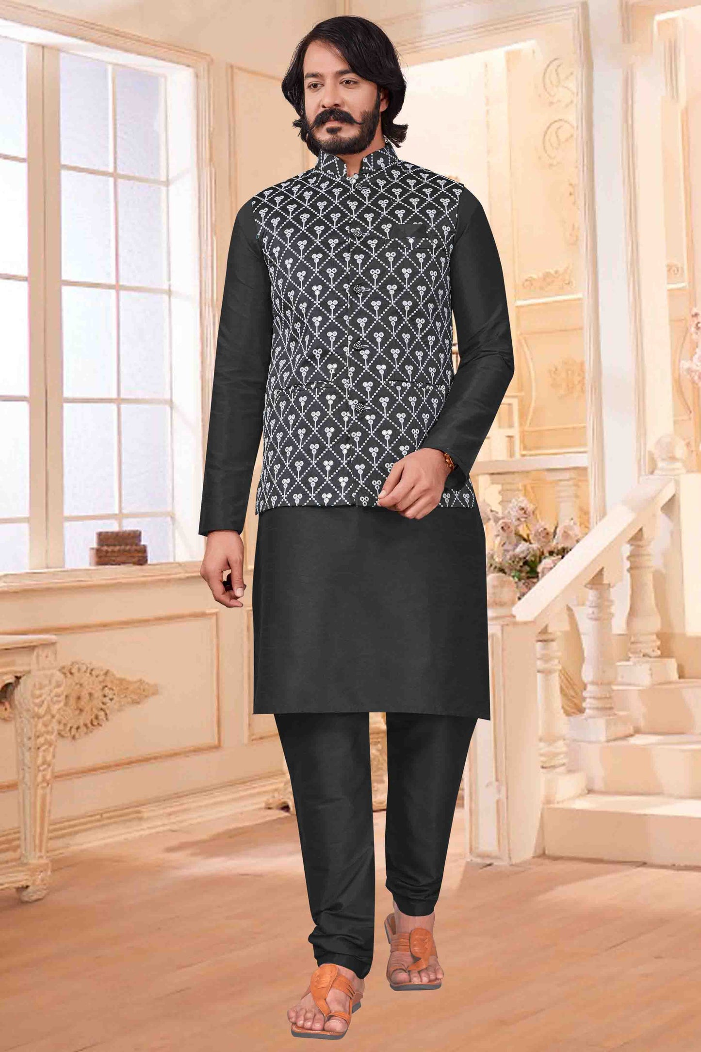 Grey Colour Kurta Pajama With Jacket In Art Silk