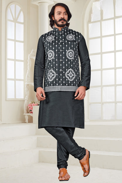 Grey Colour Kurta Pajama With Jacket In Art Silk