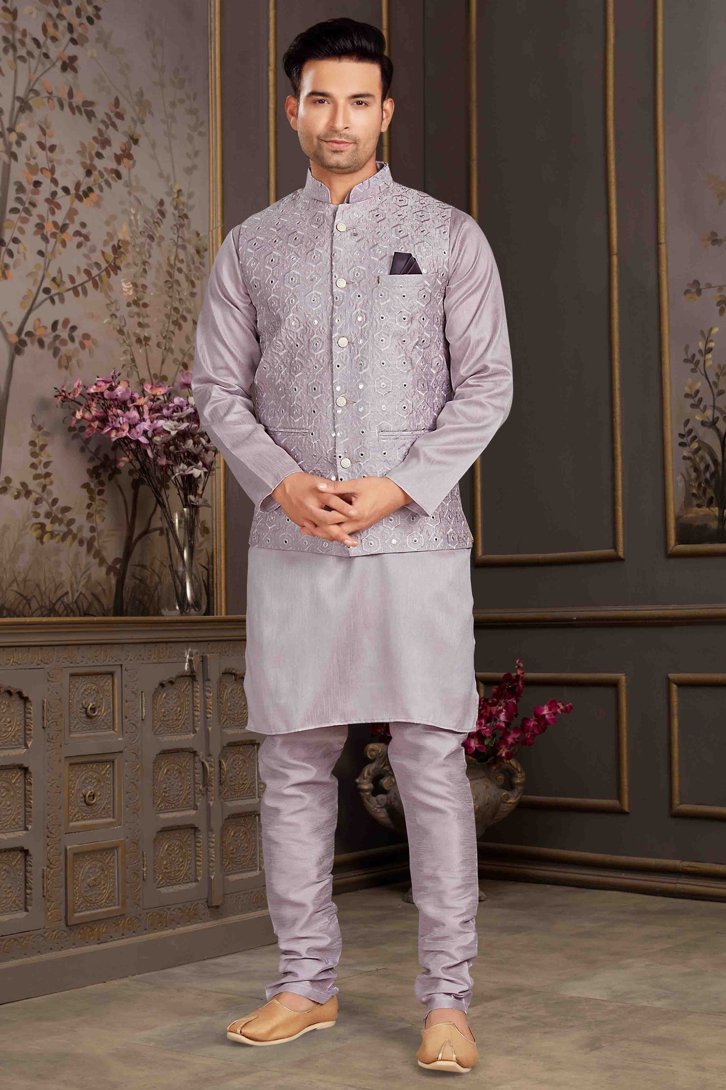 Grey Colour Kurta Pajama With Jacket In Silk Mastani