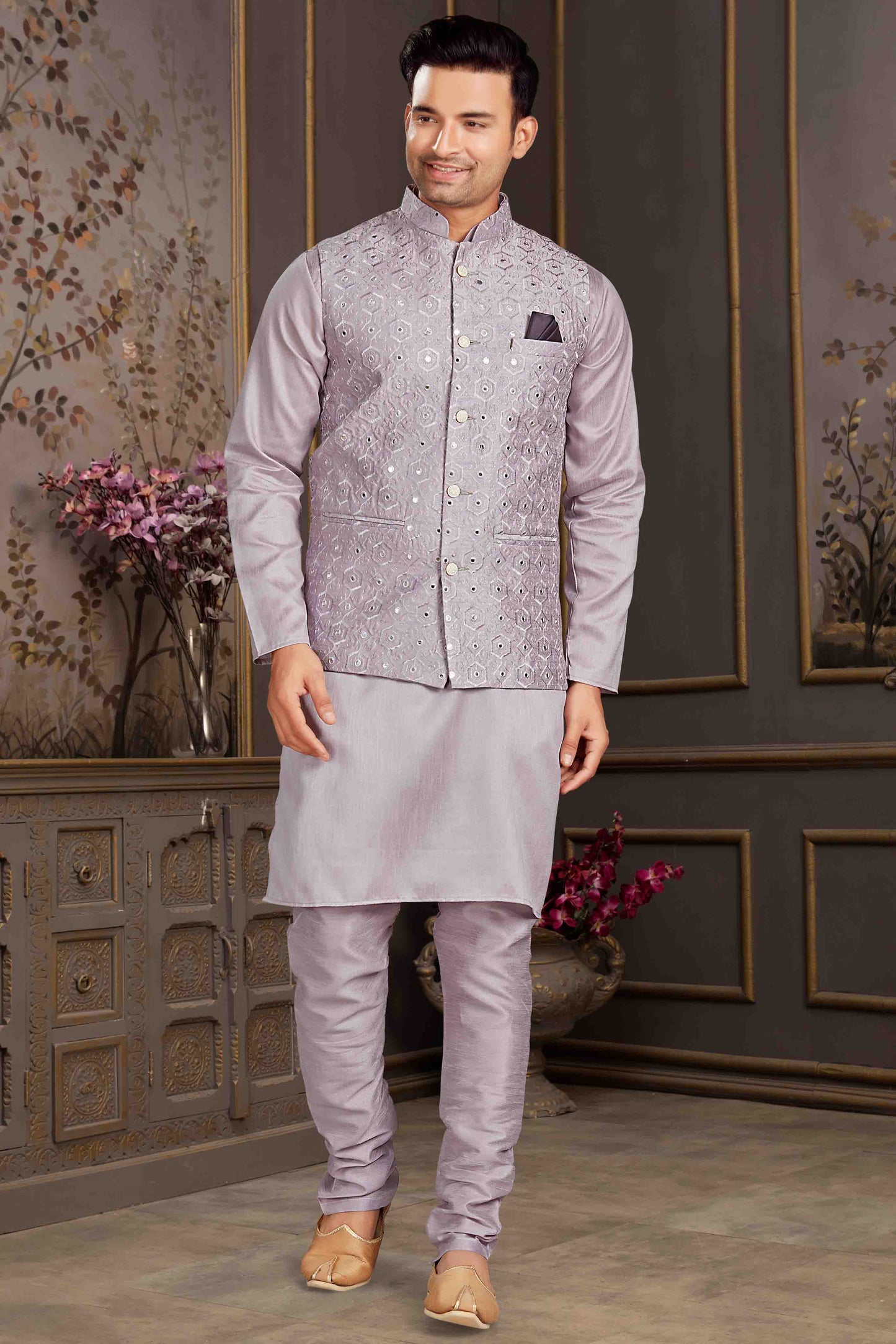 Grey Colour Kurta Pajama With Jacket In Silk Mastani