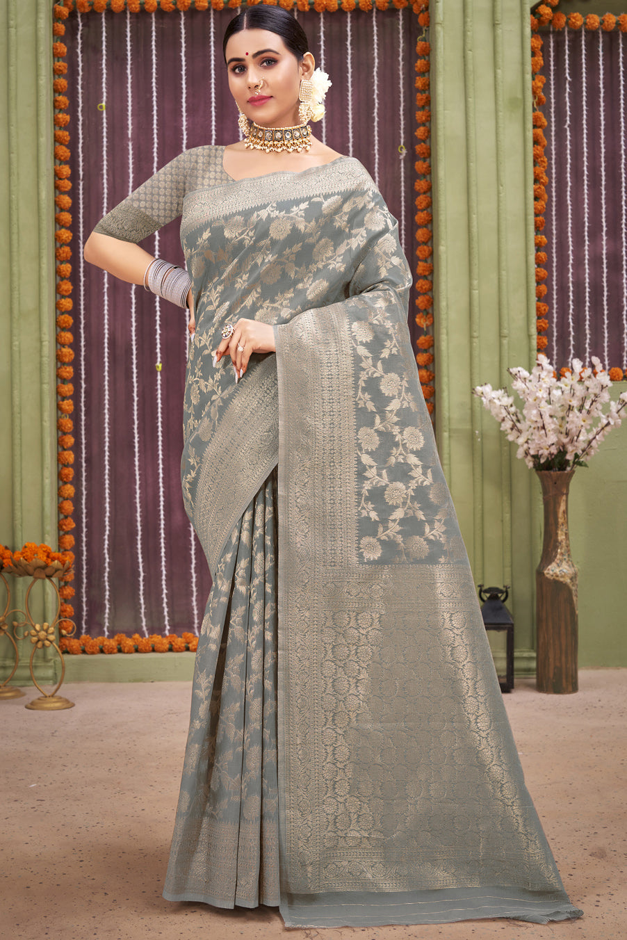 Grey Colour Linen Traditional Saree In Woven Work