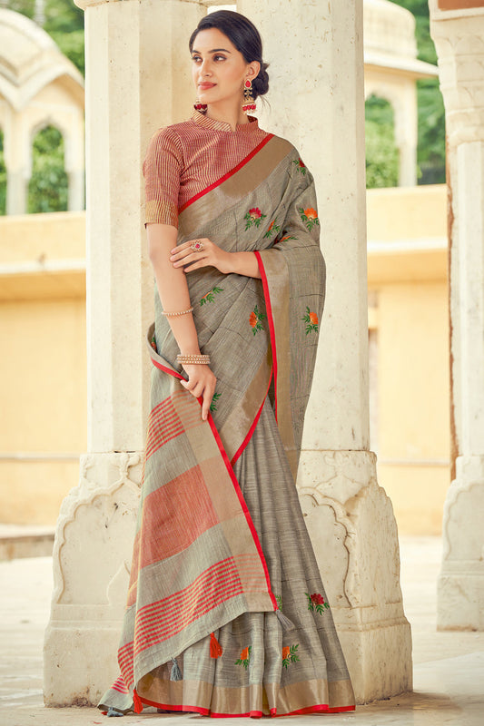 Grey Colour Linen Traditional Saree In Woven Work