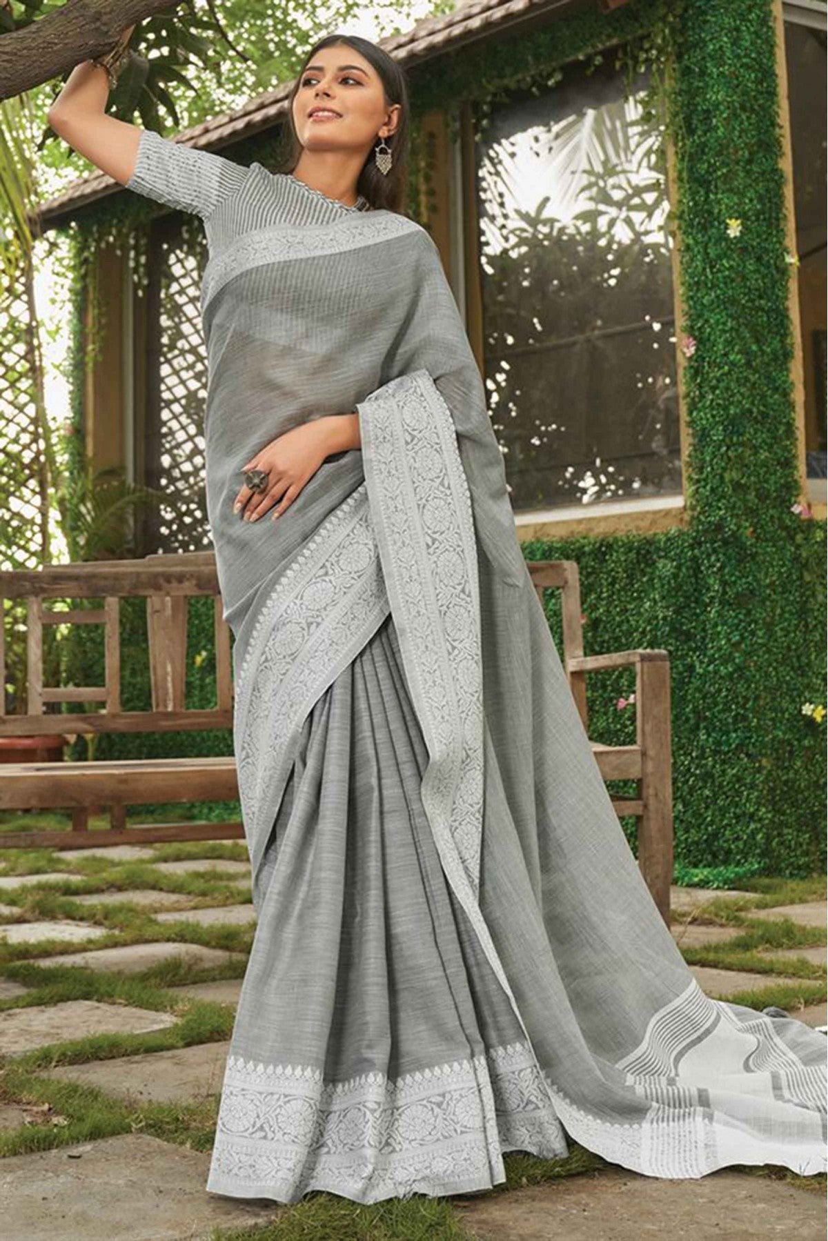 Grey Colour Linen Woven Saree