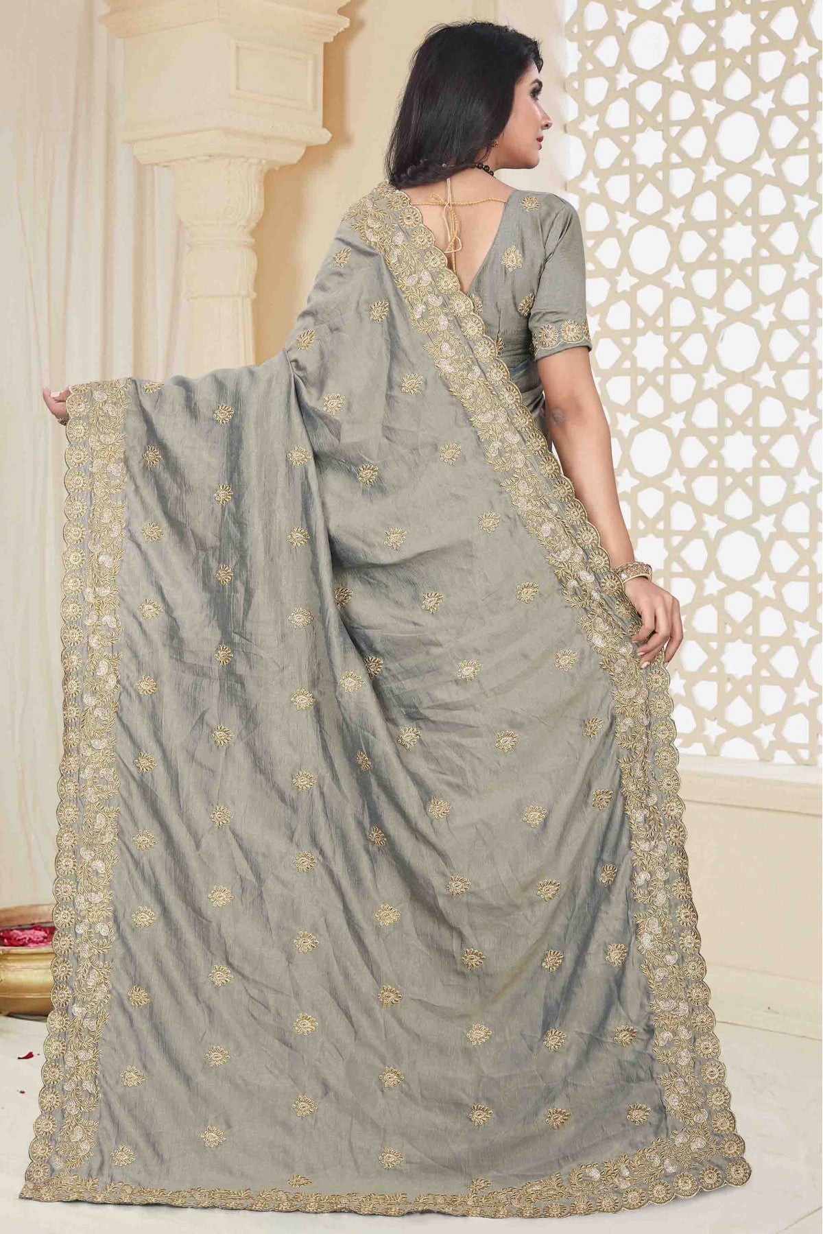 Grey Colour Mayo Silk Designer Saree