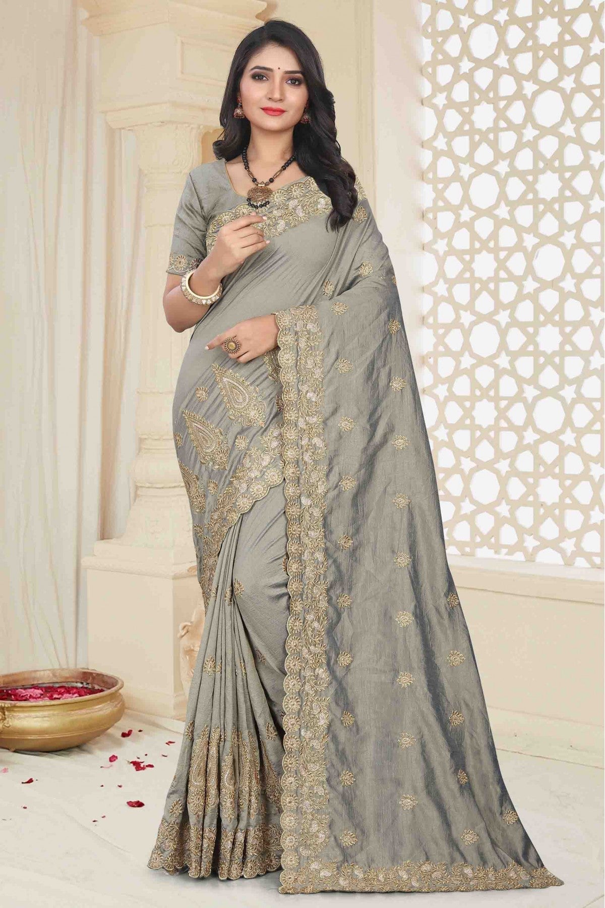 Grey Colour Mayo Silk Designer Saree