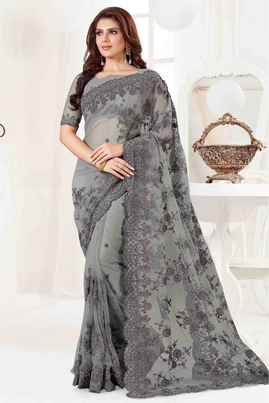 Grey Colour Net Designer Saree