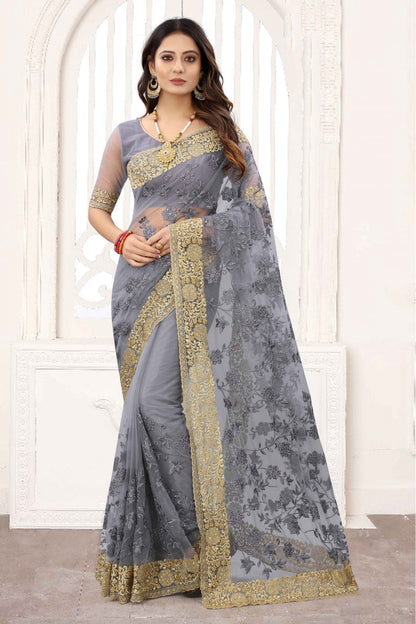 Grey Colour Net Designer Saree