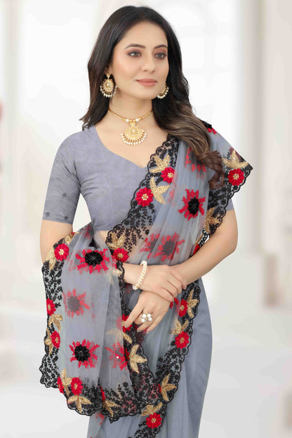 Grey Colour Net Designer Saree